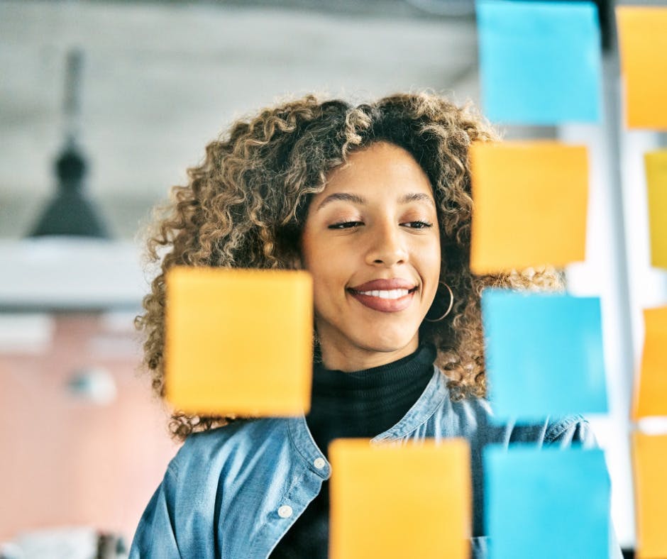 Person in front of sticky note wall 